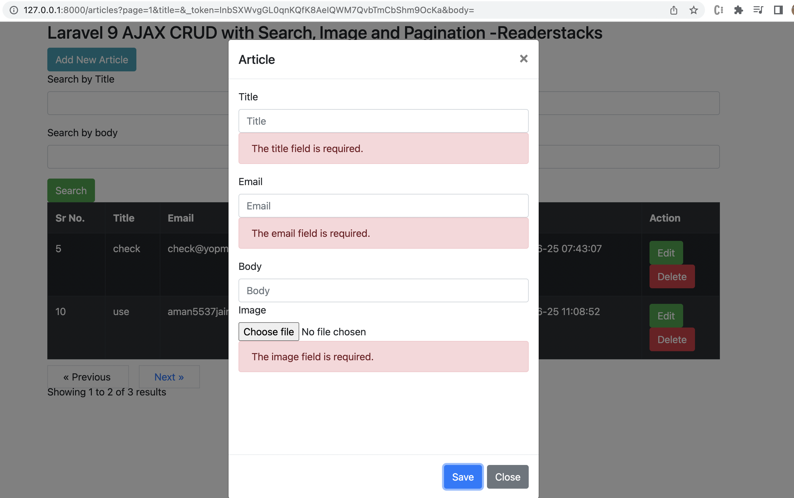 Laravel Ajax CRUD with search pagination validation and image